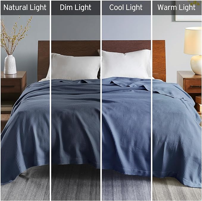 Madison Park Soft Certified 100% Egyptian Cotton Breathable Cozy Blanket, Premium Waffle Knit Classic Design Luxury All Season Lightweight Cover for Bed, Couch and Sofa, Twin, Blue