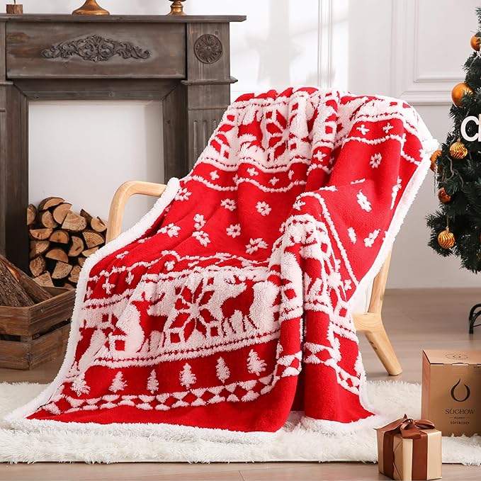 SOCHOW Christmas Holiday Jacquard Sherpa Fleece Throw Blanket, Fuzzy Warm Super Soft Reversible Plush Blanket for Bed, Sofa and Couch, 50 x 60 inches, Red