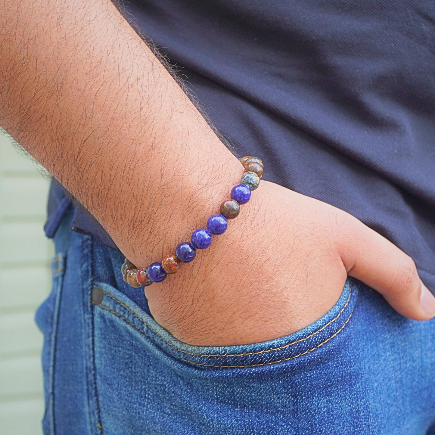 ABSHEL Jasper & Sodalite Bracelet for Men - Genuine Jasper Crystals and Healing Stone Bracelet for Men's Gift - 8" Stretch Bracelet with Charm