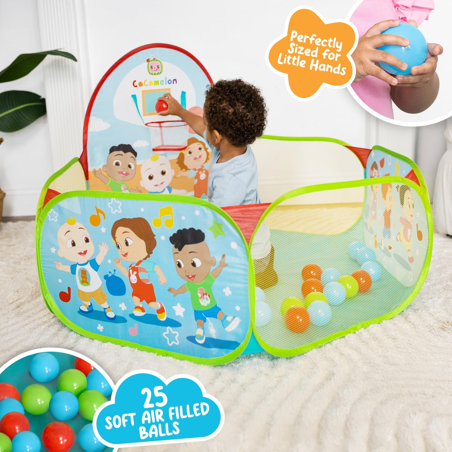 CoComelon Playground Ball Pit, Pop Up Tent with 25 Play Balls and Basketball Hoop, Toddlers 18M+