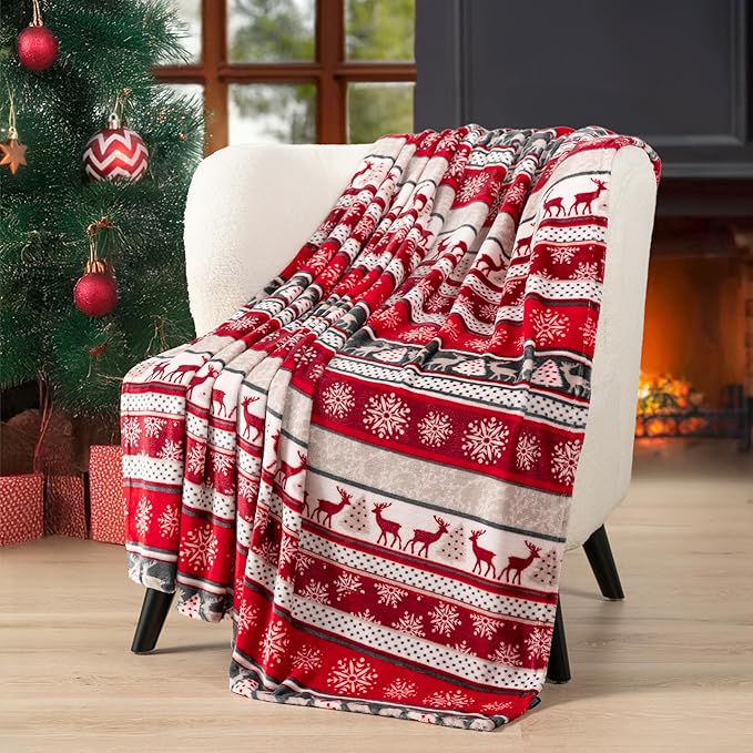 PAVILIA Christmas Throw Blanket | Holiday Christmas Reindeer Snowflakes Fleece Blanket | Soft, Plush, Warm Winter Cabin Throw, 50x60 (Christmas Red)