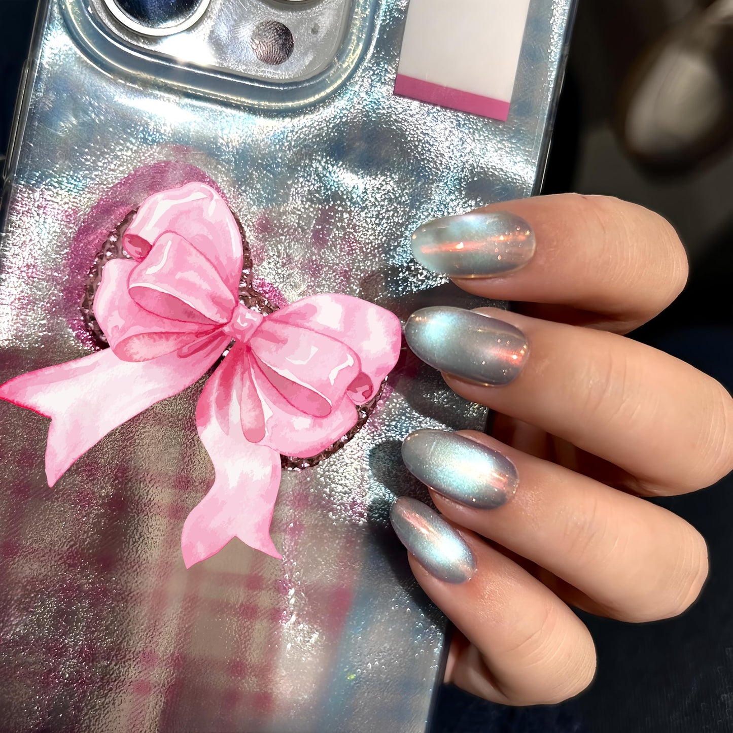 Cat Eye Press on Nails Handmade Short Oval/Square/Round False Nails with French Tip/Aurora/Magnetic Shimmer Designs (Aurora#Sunset River, Large)