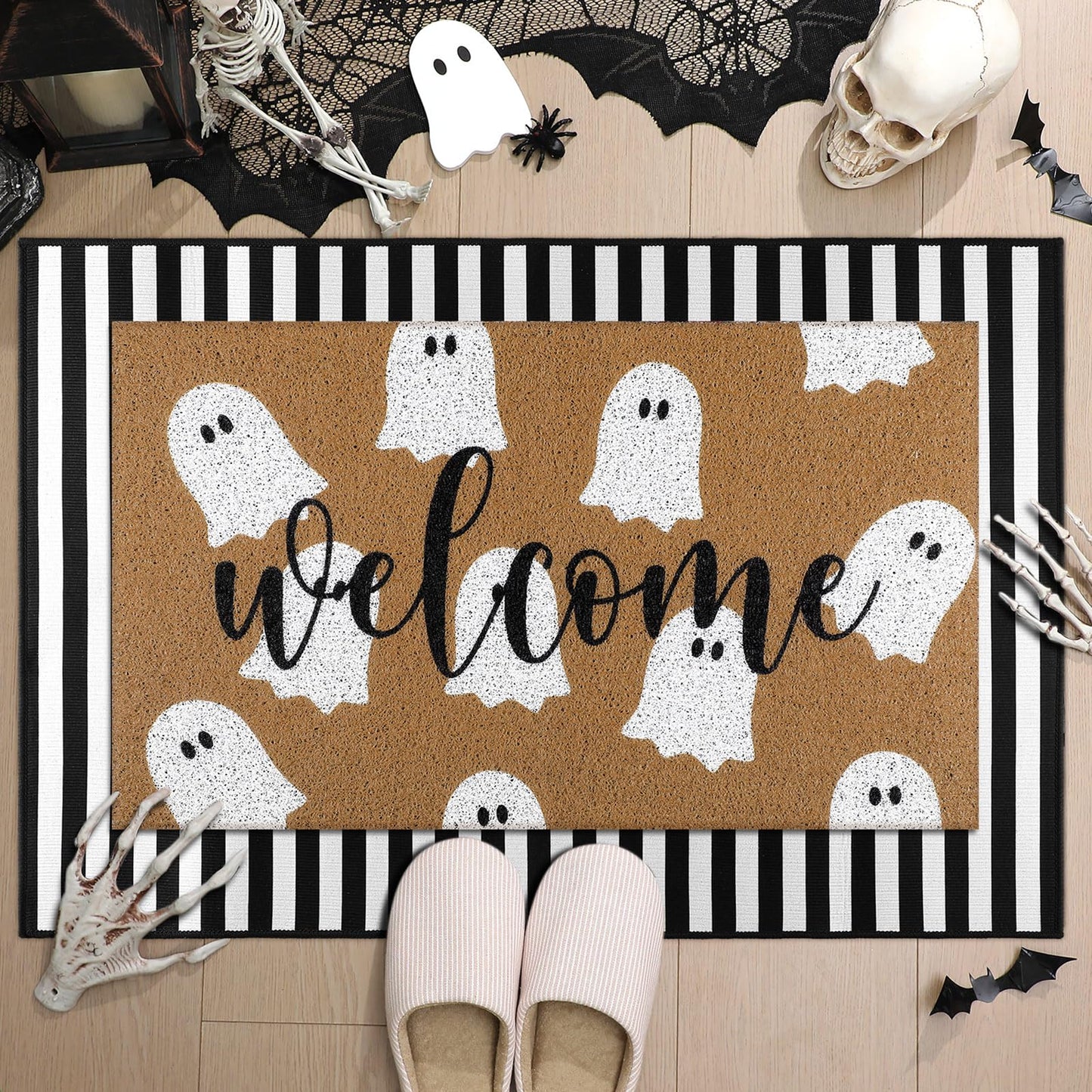 Tinideya 2 Pcs Door Mat Welcome Non Slip Coir Mats Floor Layering Doormats Seasonal for Front Porch Entryway Decor(Spooky)
