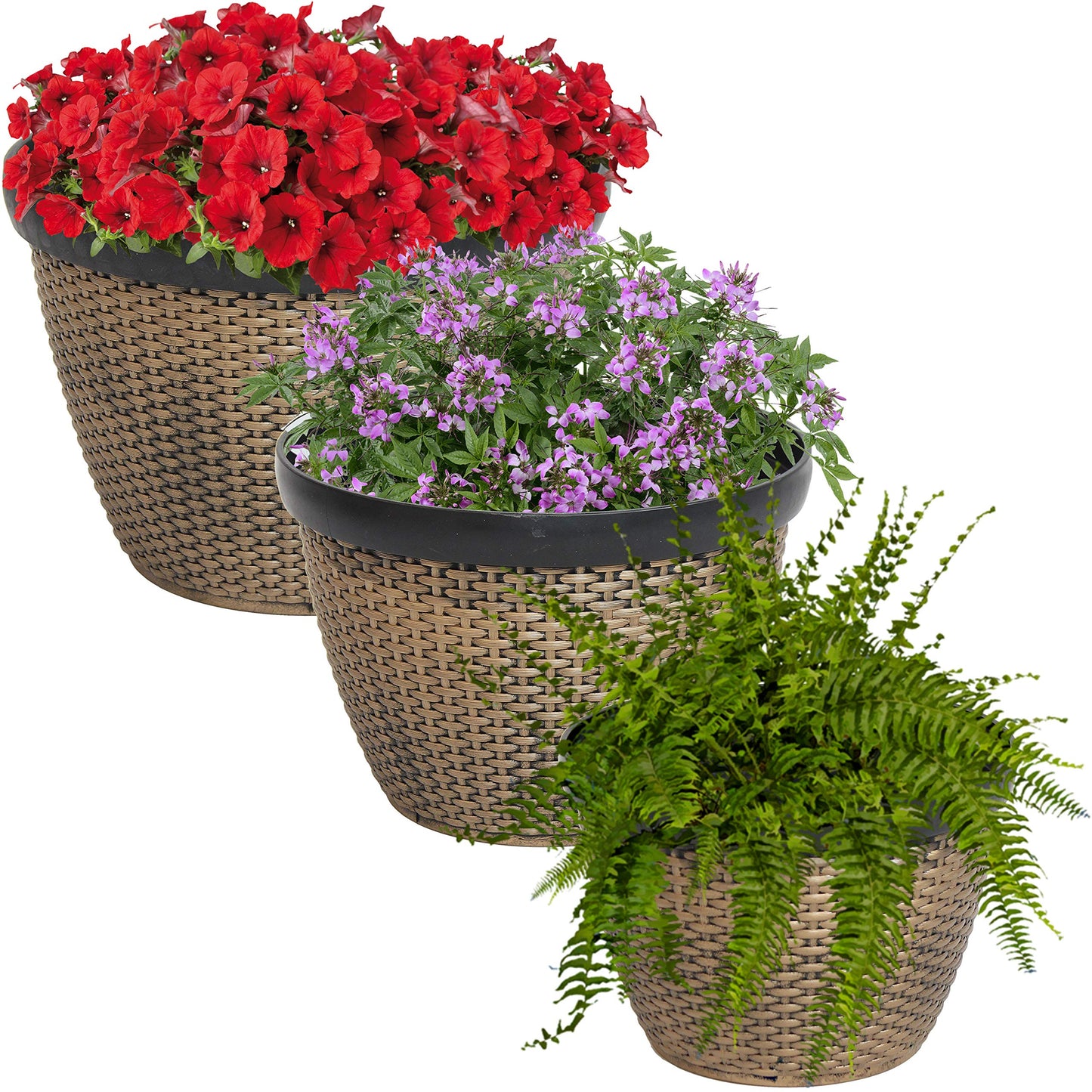 Sunnydaze 3-Piece Outdoor Planter Set - 12", 13", and 15" Resin Faux Basketweave Planters