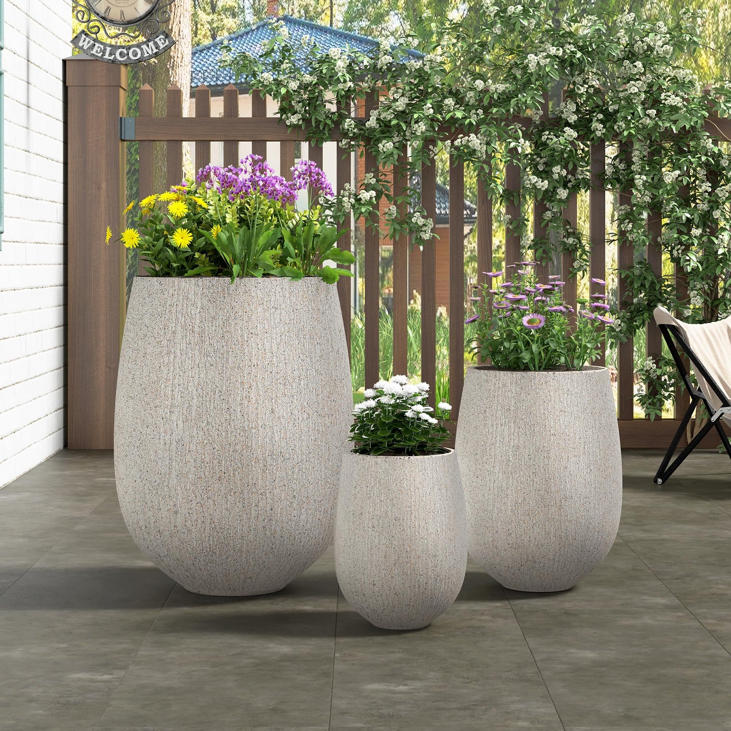 Ningering Egg-Shaped Outdoor Planter Set of 3,Modern Stone-Look Textured Flower Pots with Drainage Holes and Rubber Plug, Suitable for Patio, Garden, Poolside & Indoor (Gray)