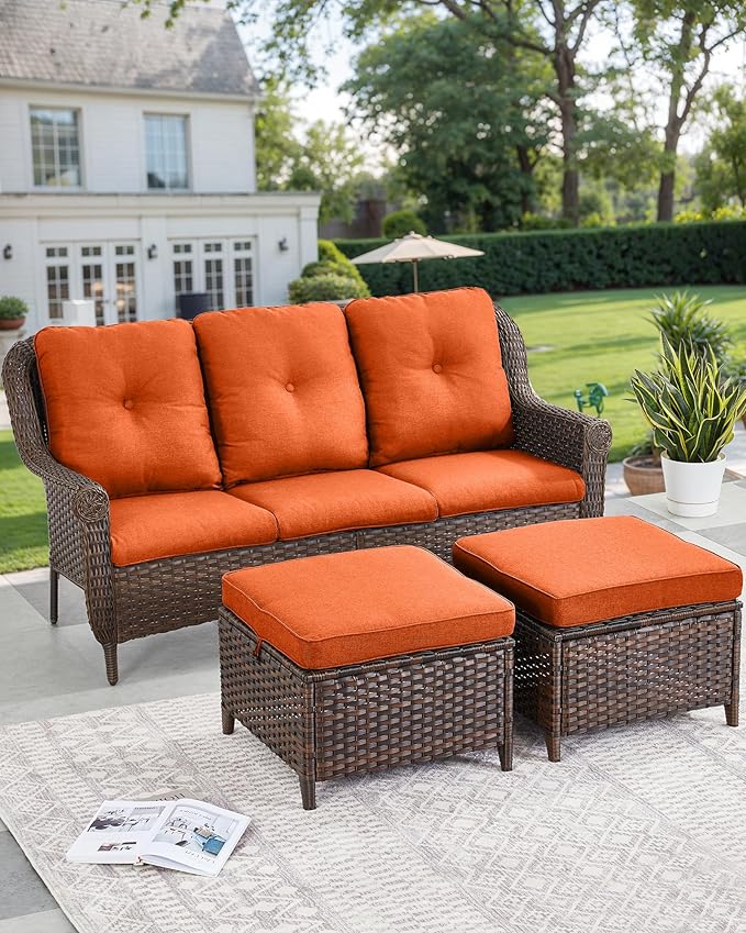 Patio Couch Outdoor Wicker Sofa - Heavy Duty All-Weather Brown Rattan 3-Seater with High Back and Comfortable Thick Cushions for Garden Back Porch Poolside Apartment - Orange