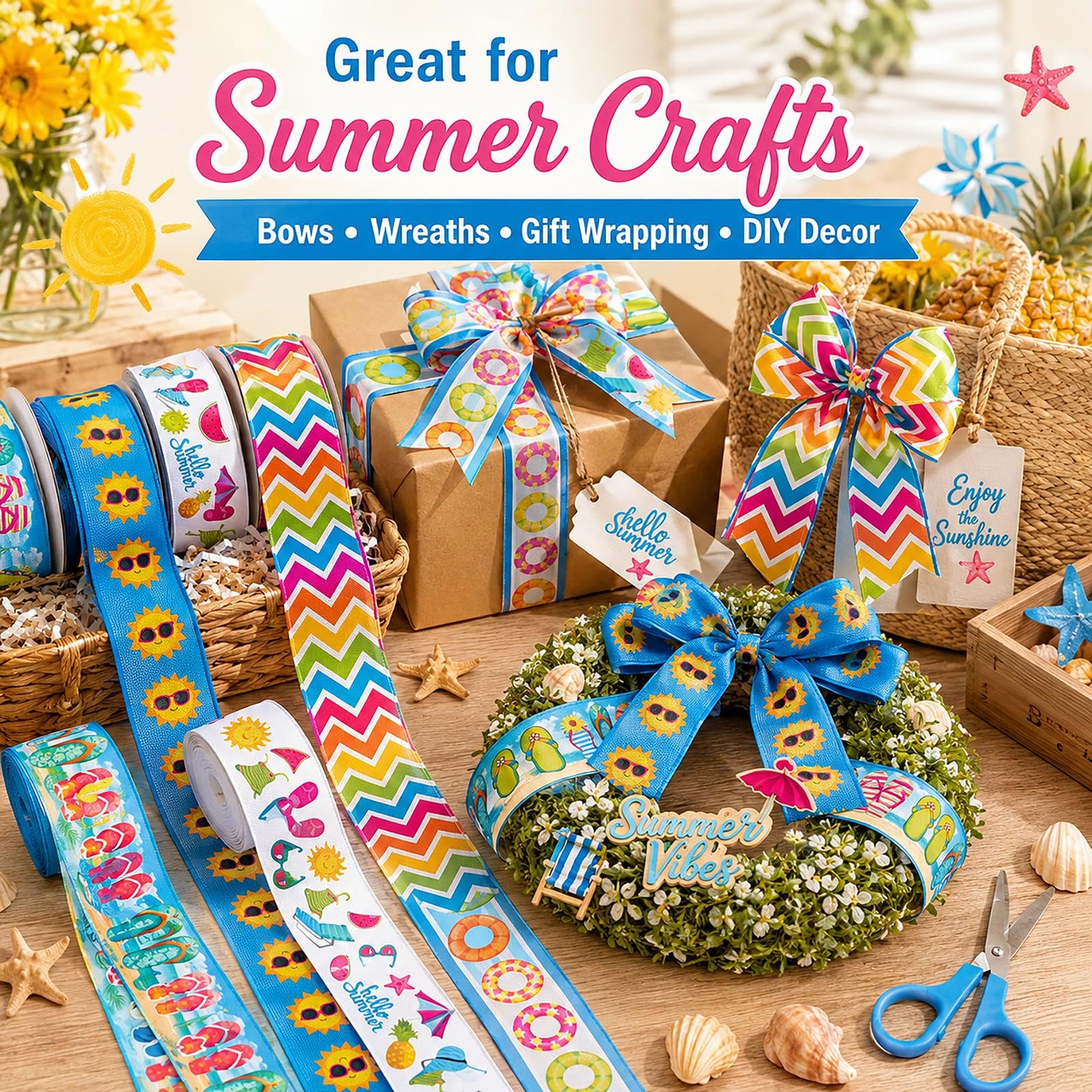6 Rolls Summer Wired Edge Ribbons, 24 Yards 2.5 in Flip Flop Sunshine Stripe Patterns Gift Wrapping Ribbon for Beach Themed DIY Crafts Bow Wreath Summer Party Decorations
