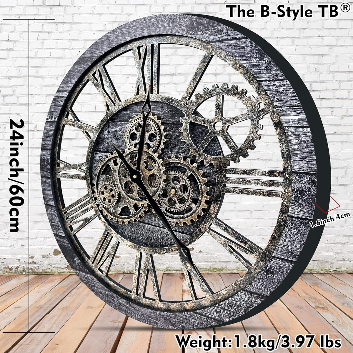 The B-Style Large Wall Clock 24 inch Moving Gear Wall Clock Oversized Vintage Farmhouse Wall Clocks for Living Room Decor Decorative Rustic Industrial Wood Clock (Carbon Gray)