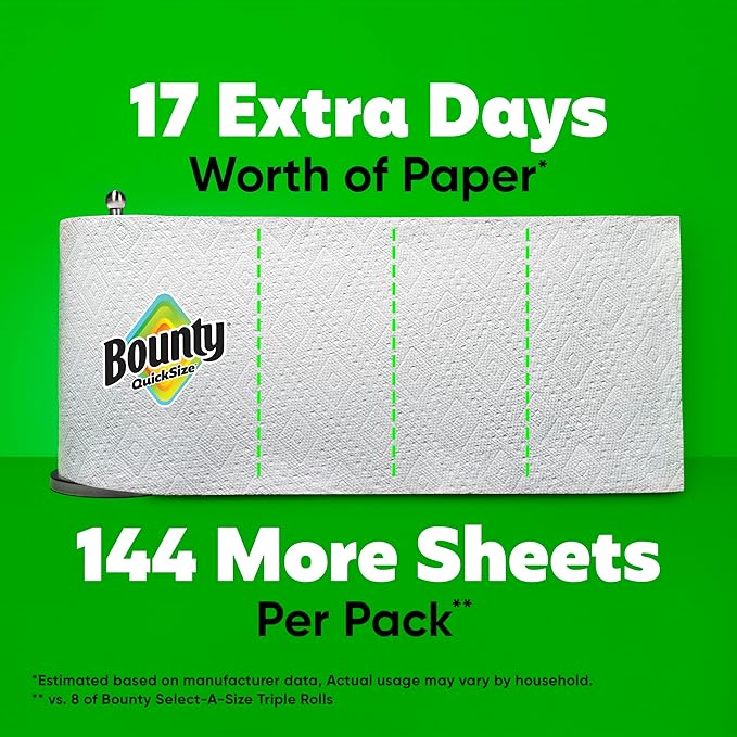 Bounty Quick-Size Paper Towels, White, 8 Family Triple Rolls = 27 Regular Rolls
