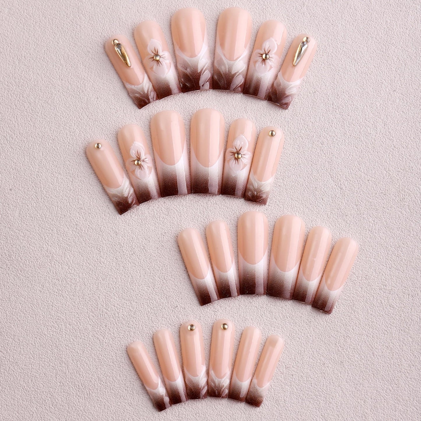 SEENEEY Long Press on Nails Square Fake Nails Brown Artificial Nail 3D Flowers Designs Rhinestones Glitter Stick on Nail for Women 24pcs