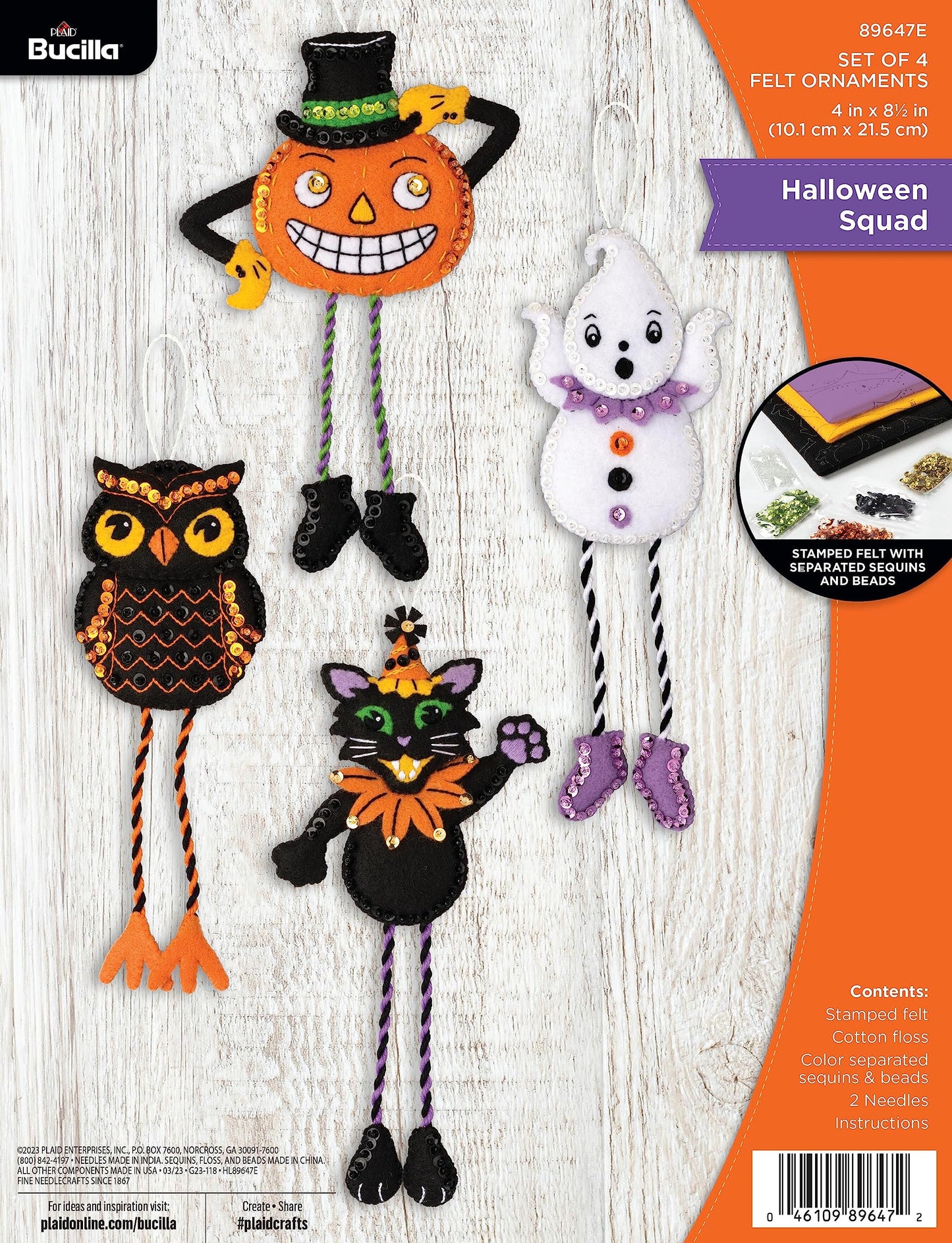 Bucilla Felt Applique 4 Piece Ornament Making Kit, Halloween Squad, Perfect for DIY Arts and Crafts, 89647E