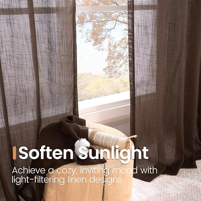 BGment 96 Inches Long Linen Curtains for Living Room, Brown Semi Sheer Window Drapes Rustic Textured for Farmhouse Beroom Dining Room Decor Rod Pocket Lightweight, 2 Panels Set, Each 52 Inch Wide