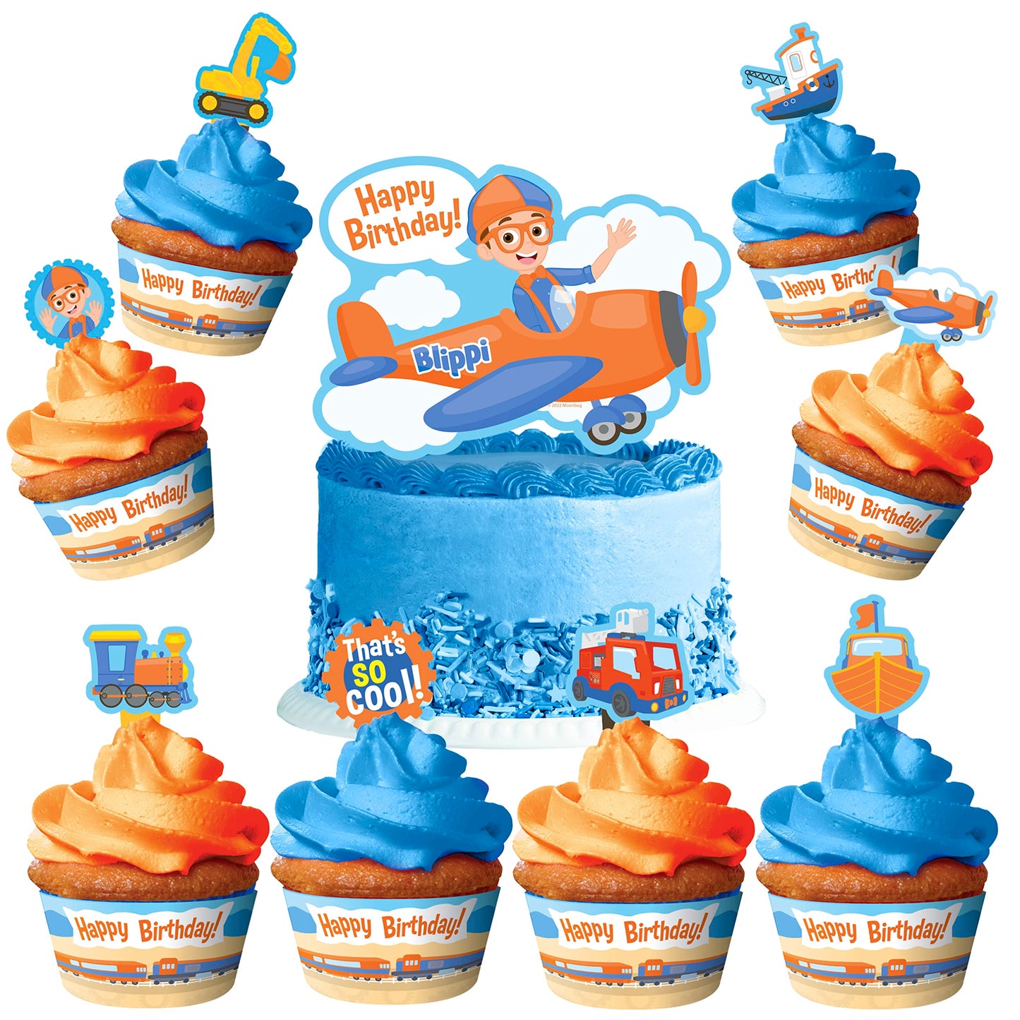 Treasures Gifted Officially Licensed Blippi Birthday Decorations Vehicle - Cake Topper Set - 1 Blippi Cake Topper & 24 Cupcake Toppers & Wrappers - Cake Decorations - Party Supplies