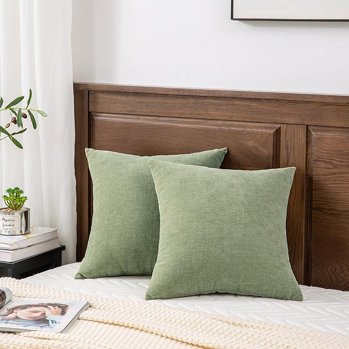 GAWAMAY Decorative Square Sage Green Throw Pillow Covers 18"x18" Inch Set of 2, Super Soft Chenille Pillows Farmhouse Fall Pillowcase for Living Room Bedroom Sofa Couch Cushion Cover 45x45cm