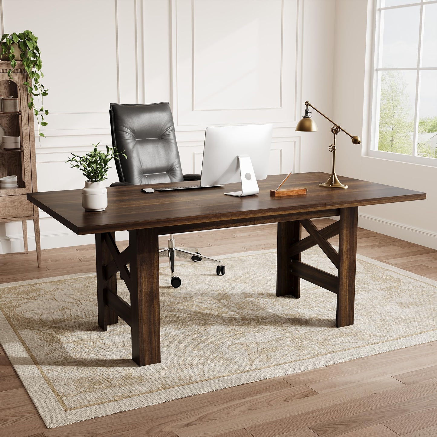 GarveeHome Dining Table for 6-8, 71" Long Large Wooden Farmhouse Kitchen Table with Thick Sturdy Frame, Rectangular Dining Room Dinner Table with Stable Triangular Legs for Kitchen,Office, Retro Brown