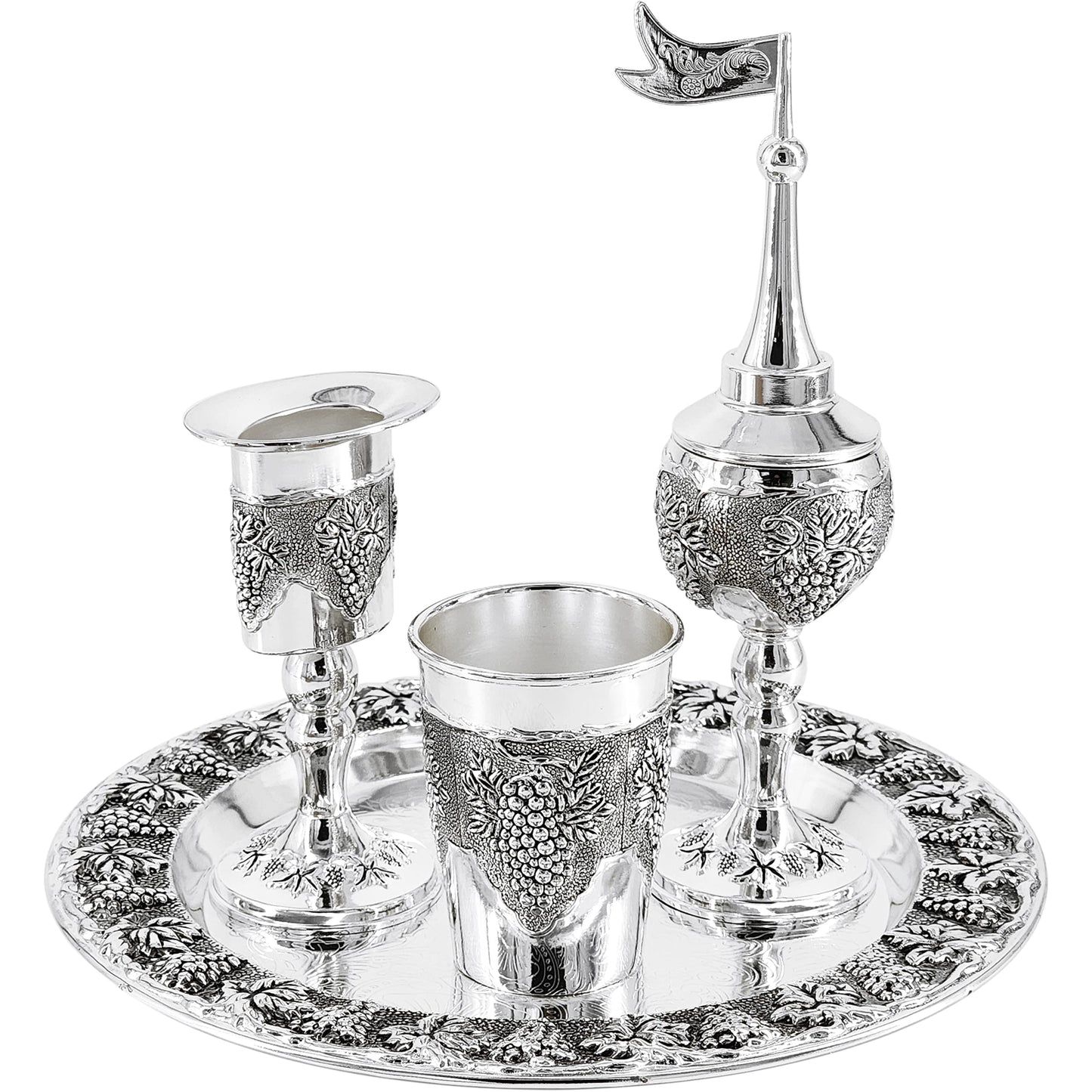 The Dreidel Company Havdalah Set, Grape Theme Wine Goblet, with Candle and Spice Incense Holders, Silver Plated