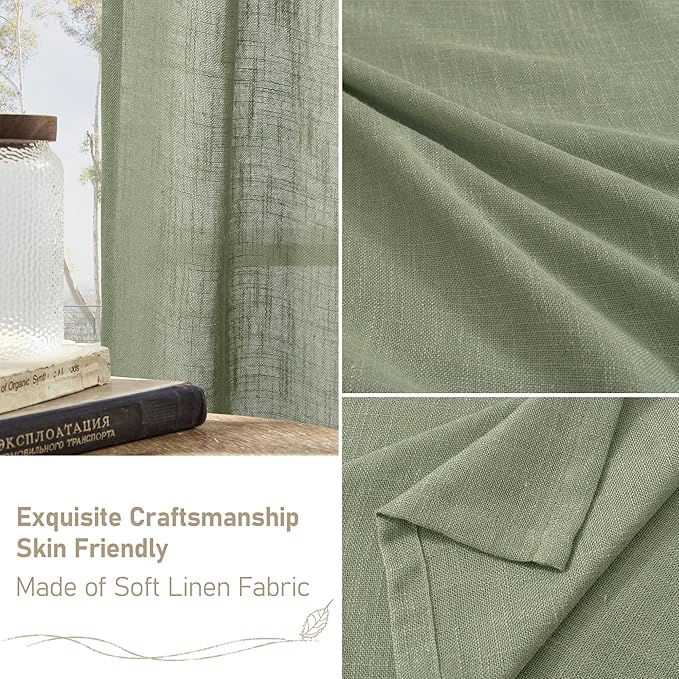 LAMIT Linen Semi Sheer Curtains 96 inches Long 2 Panels Set, Light Filtering Panels Back Tab and Rod Pocket Floor to Ceiling Curtains for Bedroom/Living Room, Sage Green, 52 x 96 Inch