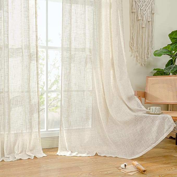 LAMIT Light Filtering Linen Curtains 84 inches Long for Bedroom, Cream Ivory Linen Textured Semi Sheer Back Tab and Rod Pocket Natural Boho Drapes for Living Room, 2 Panels, 42 x 84 Inch