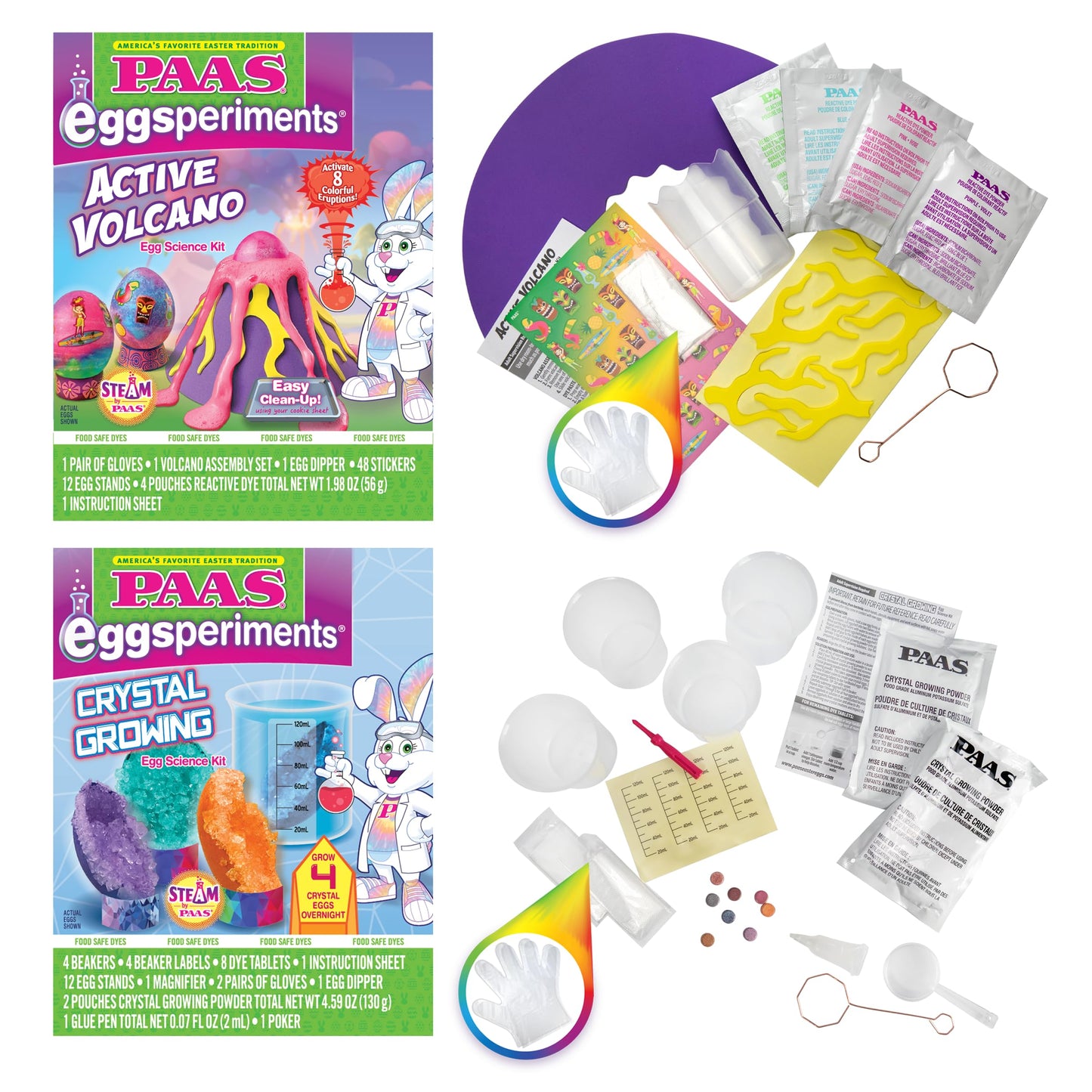 PAAS Easter Egg Decorating Bundle, Includes 1 Active Volcano Eggsperiment Kit, 1 Crystal Growing Eggsperiment Kit, Easter STEM kit, Food Safe Dye (2 Piece Bundle)