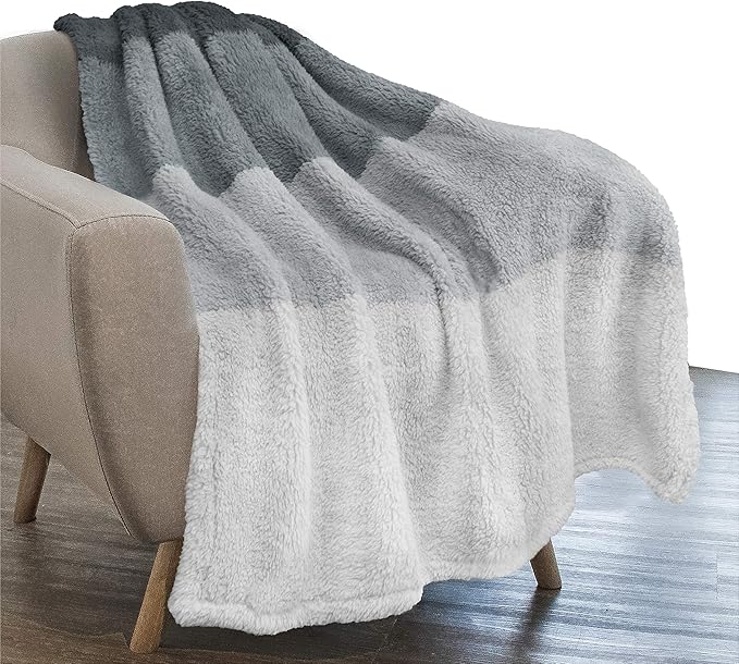 PAVILIA Fluffy Sherpa Throw Blanket Ombre | Gradient Plush, Soft, Fuzzy, Decorative Accent Throw Blanket for Couch Sofa Bed | Cozy Warm Decorative Furry Faux Fur Blanket, 50x60 Inches Gray
