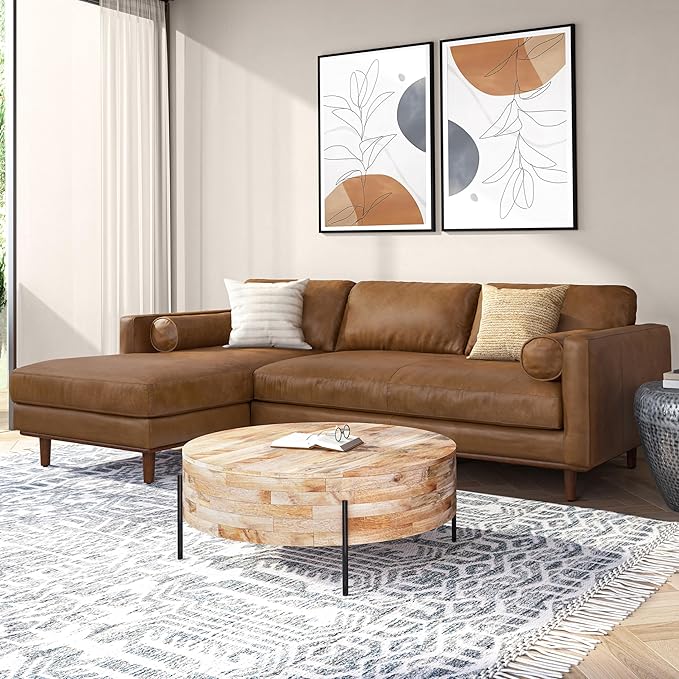 SIMPLIHOME Morrison Left Sectional Sofa in Full-Grain Genuine Leather, Caramel Brown, 102-inches Wide, L-Shaped Leather Couch with Left Chaise for The Living Room and Family Room