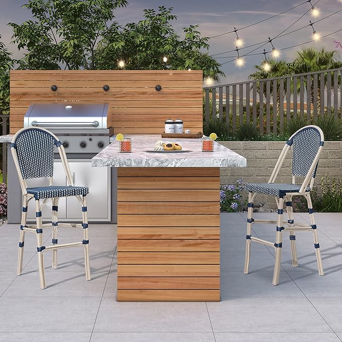 PURPLE LEAF French Counter Height Bar Stool Set of 2 25" White Print Finish Patio Bar Chairs with Back Rattan Bar Chairs French Bistro Set for Kitchen Outdoor Counter Stool Royal Blue