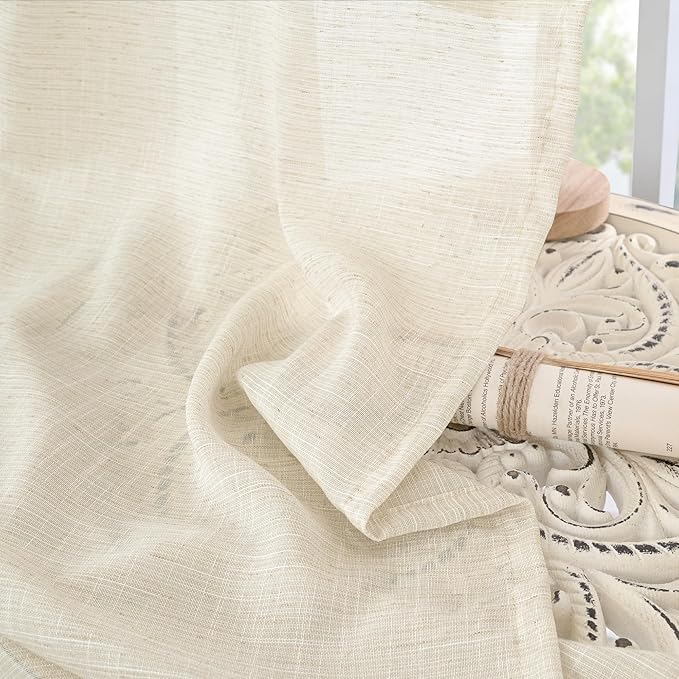 BGment Linen Kitchen Window Curtains Over Sink - 36 Inch Length Cafe Drapes Semi Sheer with Rod Pocket Light Filtering for Bathroom Small Window, Beige, 2 Panels, Each Panel 30 Inch Wide