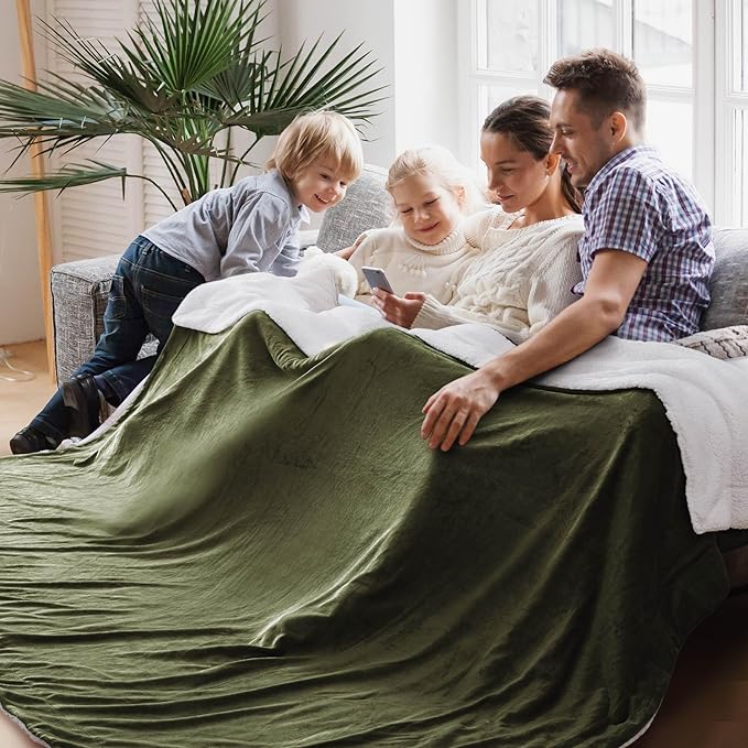 Bedsure Sherpa Fleece Oversized Cal King Blankets for Bed - Thick and Warm, Soft Fuzzy Plush Large Blanket for Winter, Olive Green, 112x98 Inches