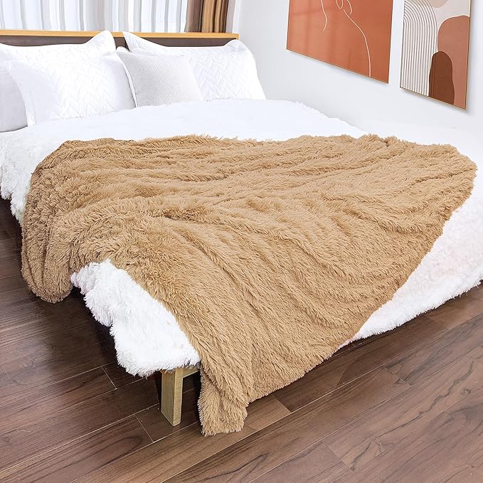 Tuddrom Decorative Extra Soft Faux Fur Blanket Twin Size,Solid Reversible Fuzzy Lightweight Long Hair Shaggy Blanket,Fluffy Plush Fleece Comfy Microfiber Throw Blanket for Couch Sofa Bed,Camel