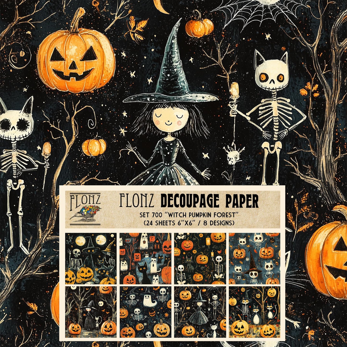 Decoupage Paper Pack (24 Sheets 6"x6") Witch Pumpkin Forest ~ Naive Style Characters with Witches, Skeletons, Pumpkins and Cats on Textured Dark Backgrounds