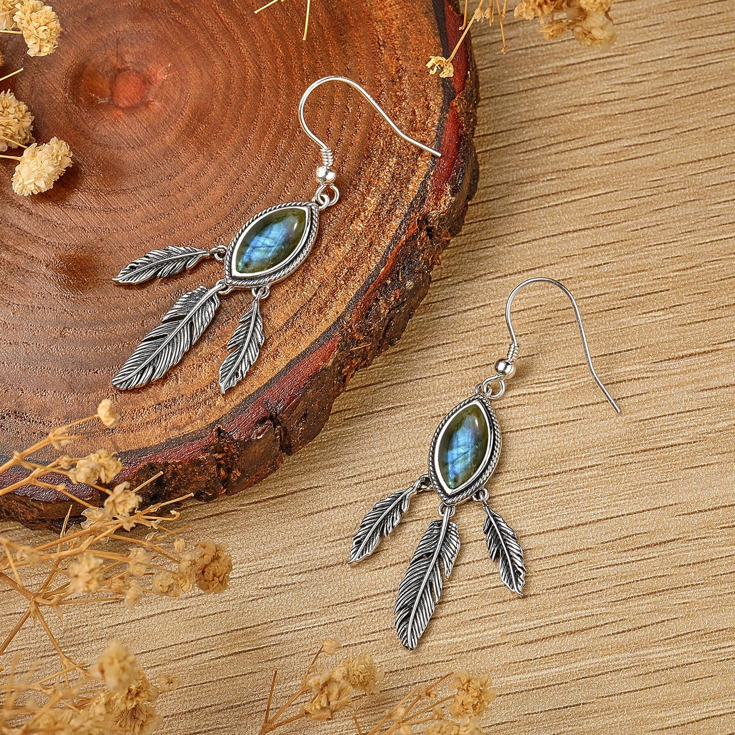 AVECON Labradorite Feather Dangle Earrings for Women 925 Sterling Silver Drop Earring Boho Leaf Statement Earrings Unique Hook Earrings Valentine's Day Vintage Feather Earrings Women's Jewelry