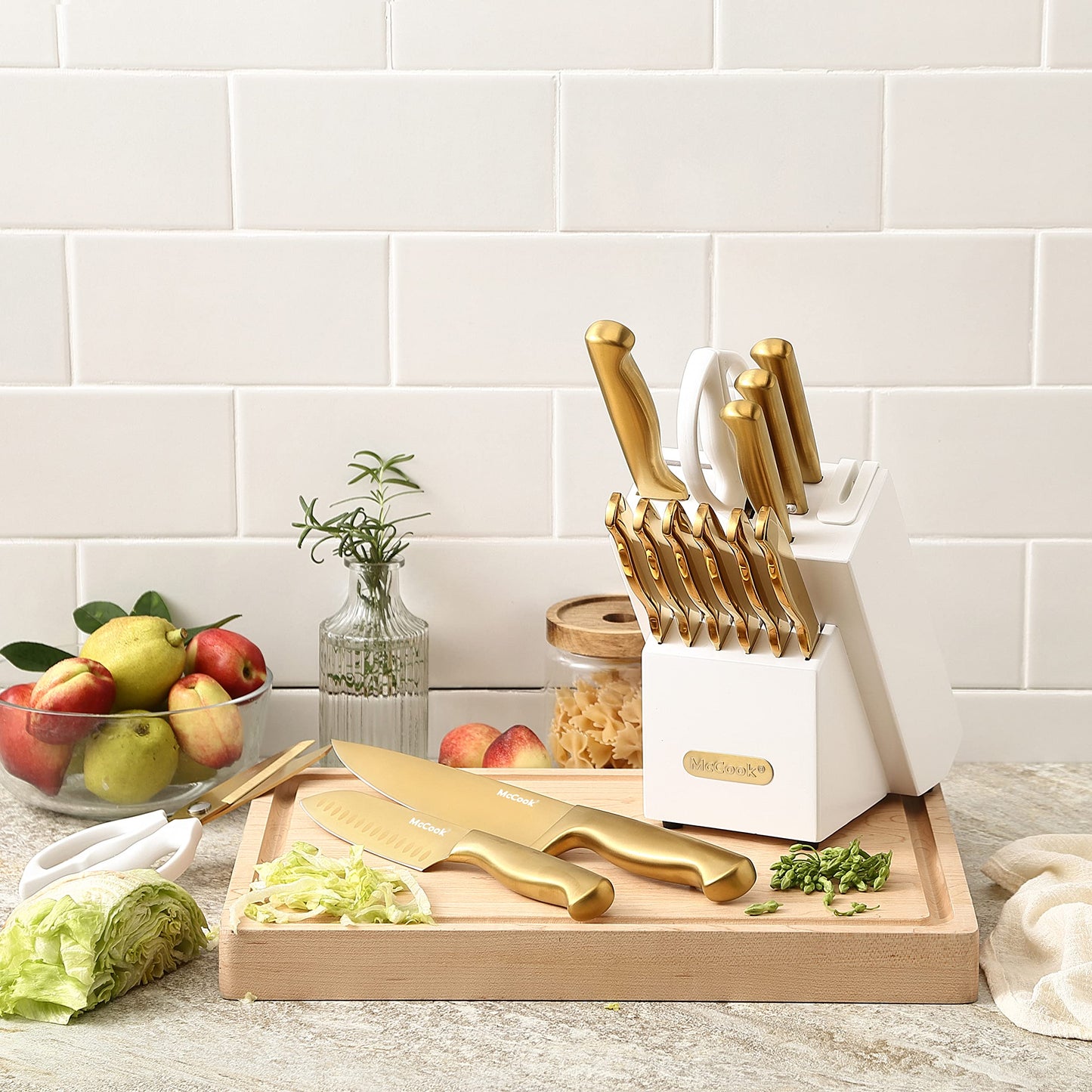 McCook® Knife Sets, Golden Titanium Stainless Steel Kitchen Knife Block Sets with Built-in Sharpener