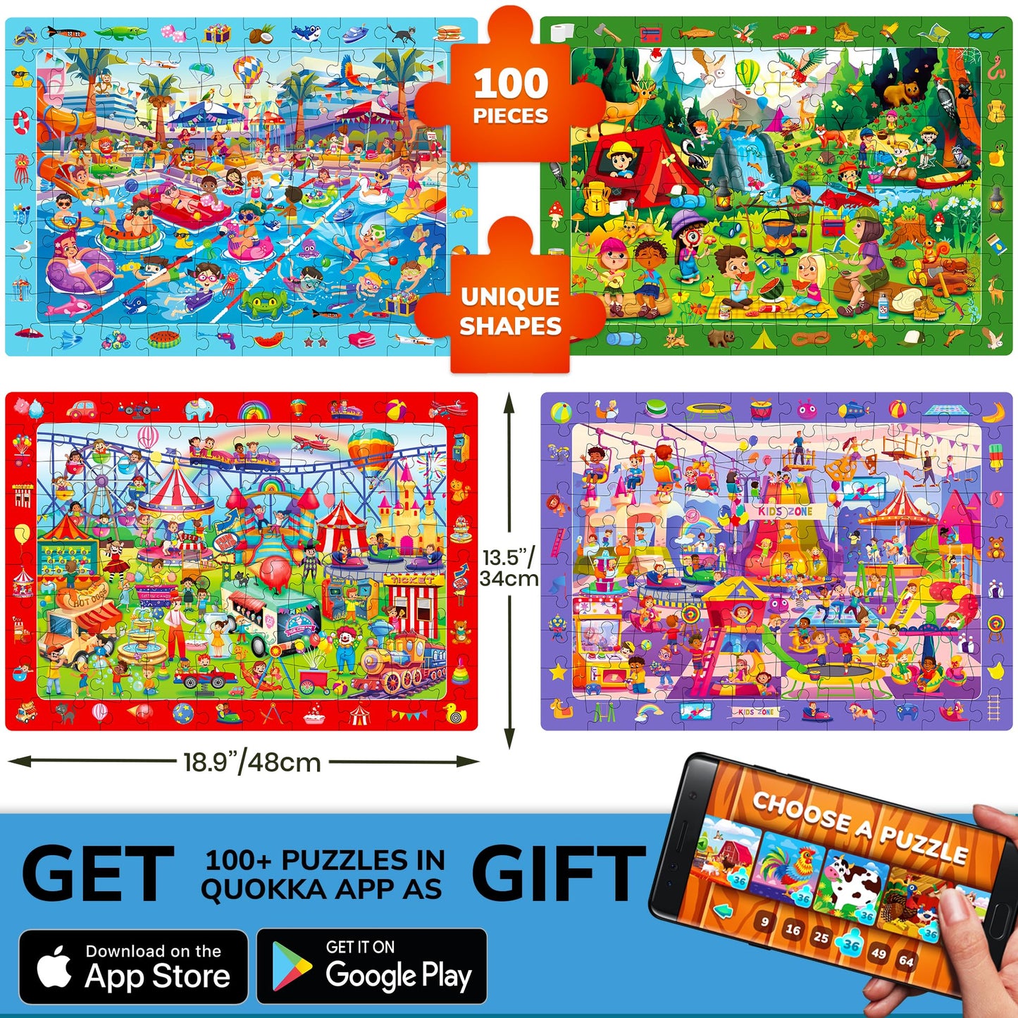 QUOKKA 100 Piece Puzzles for Kids Ages 4-6 – 4xSET Search and Find Kids Puzzles Ages 5-8 – Artist-Crafted Illustrations, Hidden Objects, Unique Jigsaw Shapes, Educational Activity for Learning & Play