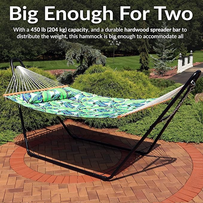 Sunnydaze Quilted Outdoor Hammock with Spreader Bars - Heavy-Duty 450-Pound Capacity Double Hammock for Outside - Exotic Foliage