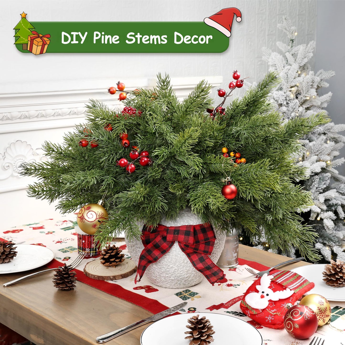 Artgar 24 Pcs Christmas Pine Branches - 18" Realistic Artificial Greenery Pine Stems - Real Touch Faux Cedar Picks for Vase, DIY Garland Wreath Home Indoor Outdoor Xmas Decorations