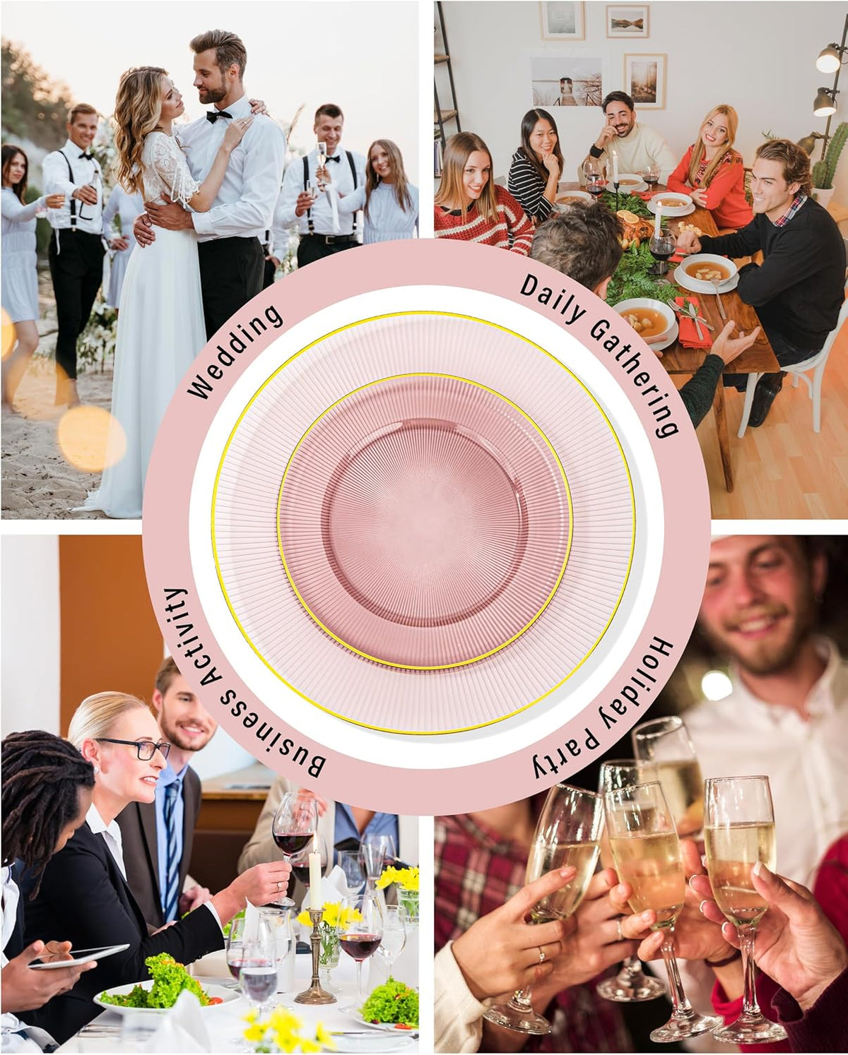 Hioasis 60pcs Burgundy and Gold Plastic Plates - Burgundy Disposable Dinnerware Set, 30pcs Dinner 10.25in & 30pcs Dessert 7.5in Plates with Striped Designs for Party & Wedding
