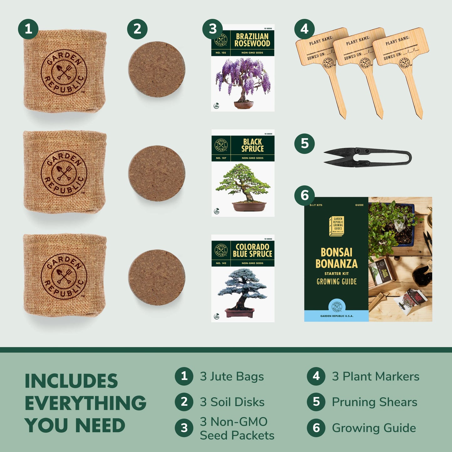 Garden Republic Bonsai Tree Kit - Mini Bonsai Seeds, 3 Types - for Indoor Plant Growing - Starter Kit with Seeds, Soil, Planters & Shears