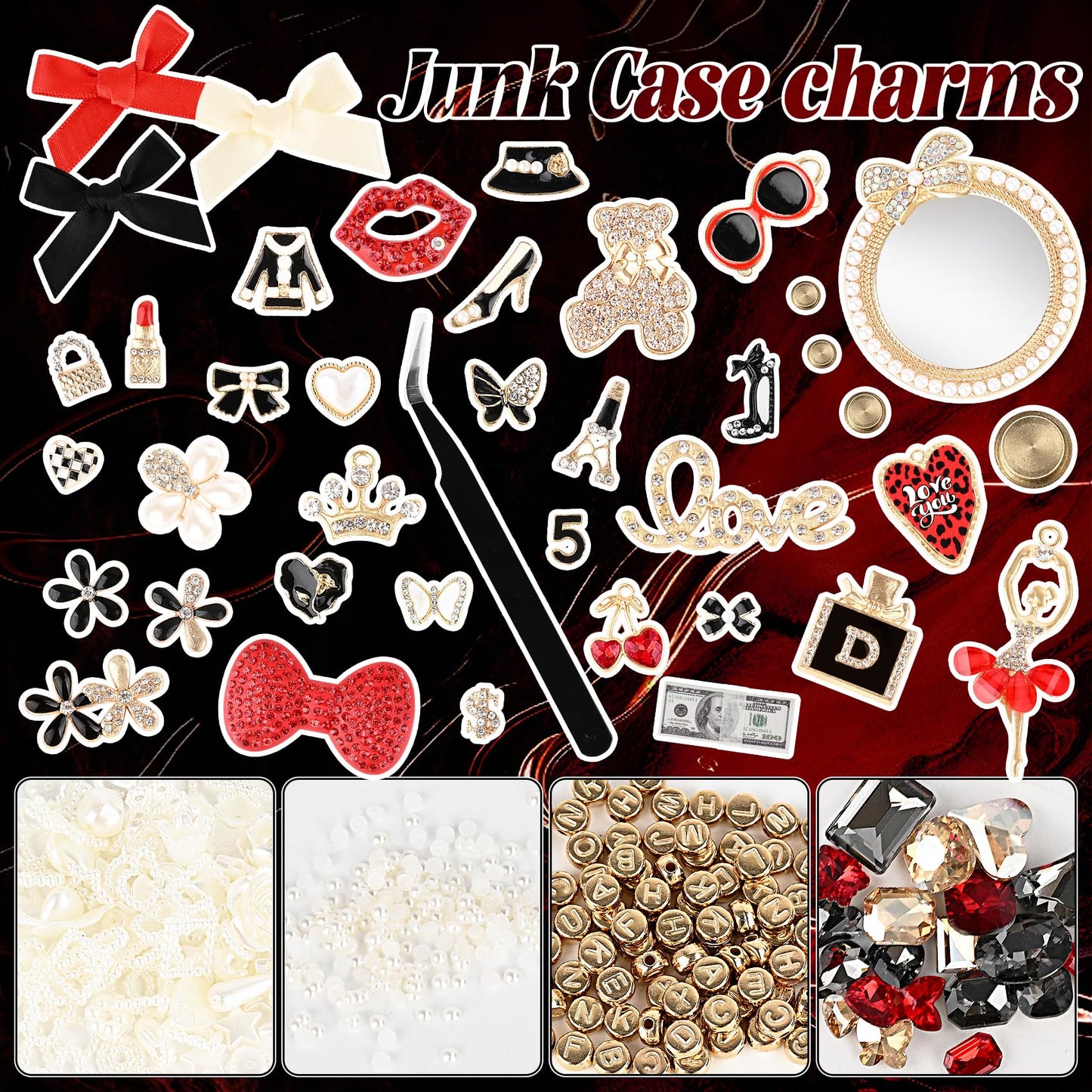 Prdingfy Red Junk Case Charms Kit, Black & Red DIY Phone Case Decorations with Rhinestones, Letter Beads, Mirror & Tools for Customizing Bling Junk Phone Cases & Personalized Gifts