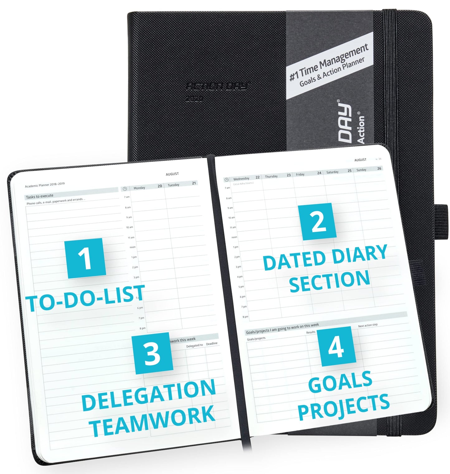 Action Day 2026 Weekly Planner - Effective Planning System to Increase Productivity,To-Do List,Weekly Goals,Projects,Teamwork,Daily Diary,Yearly & Monthly overview, Notes Pages (Black, 7x9 Inch)