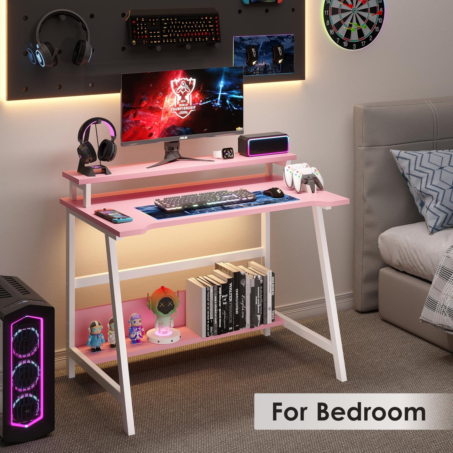 ALISENED 31.5 Inch Small Office Desk with Storage, Small Desk for Small Spaces, Compact Home Office Desk, Mini Study Desk for Bedroom, Pink
