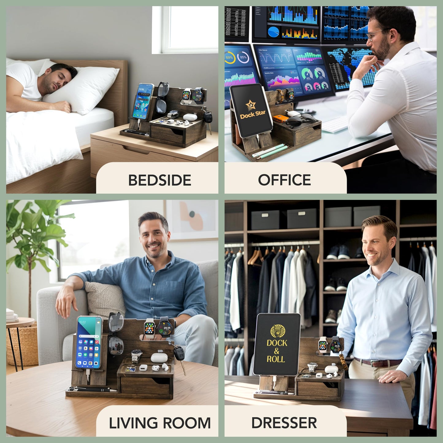 EcoLeafy Dot Nightstand Organizer- Phone Docking Station for Men- Unique Gifts for Husband, Father or Dad from Wife, Son or Daughter- Desk Organizer for Cellphone, Watches, Wallet and Key (Rustic)