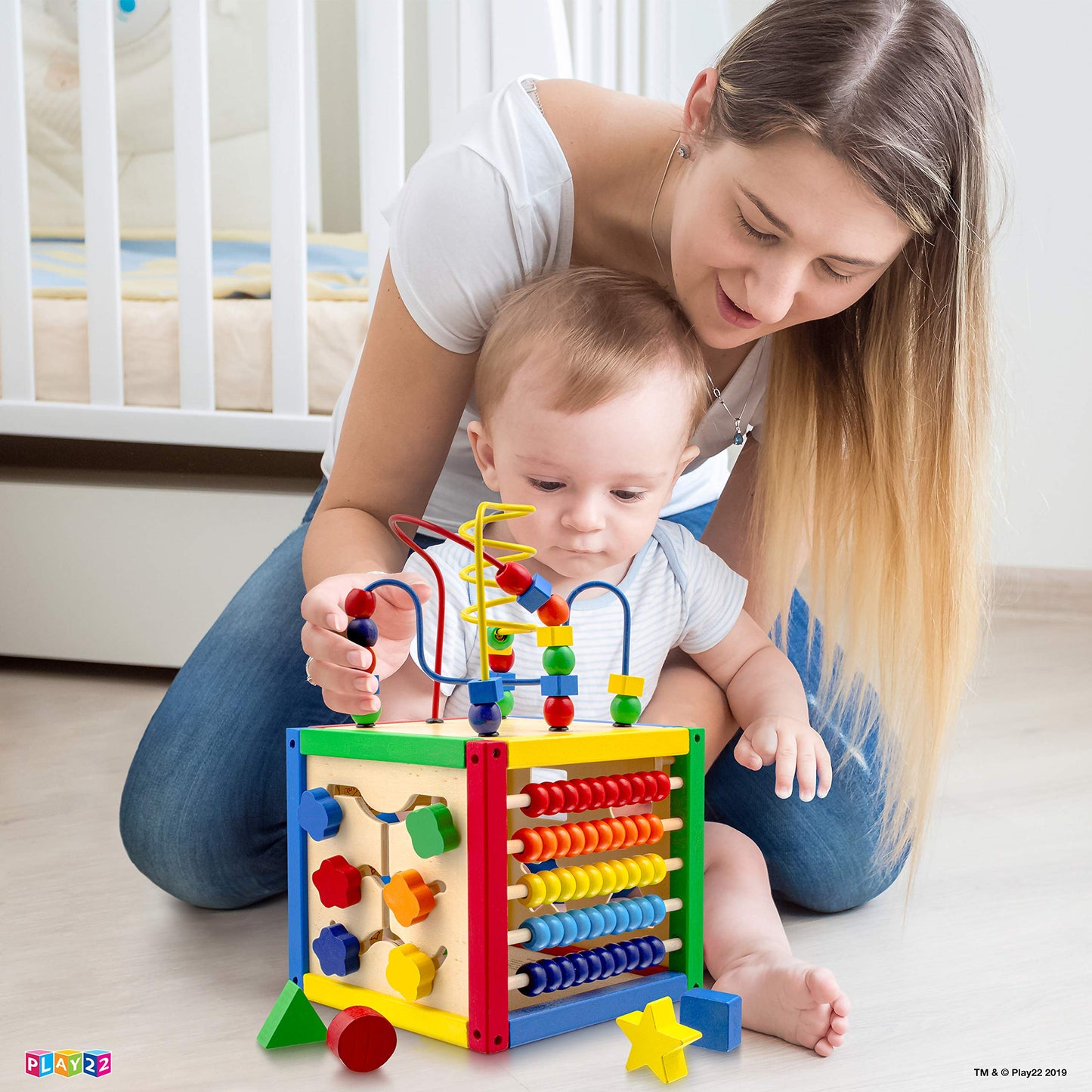 Play22 Wooden Activity Cube for Baby - 6 in-1 Baby Activity Play Cube with Bead Maze, Shape Sorter, Abacus Counting Beads, Counting Numbers, Sliding Shapes, Removable Bead Maze, 8Pcs Stacking Cups