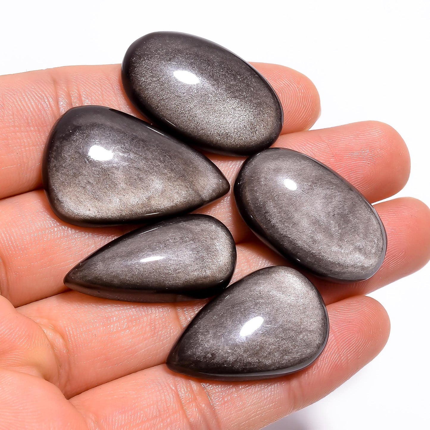 Natural Silver Obsidian Gemstone- Healing Crystals for DIY Jewelry Making -Loose Natural Cabochon -Perfect for Crafting Unique Jewelry Designs (5 pcs, 25-35 mm)
