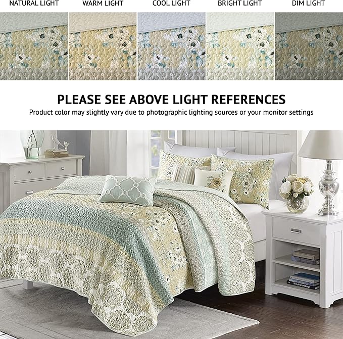 Madison Park 100% Cotton Quilt Set Floral Print, Double Sided Stitching, All Season, Lightweight Coverlet Shabby Chic Bedding Layer, Matching Shams, King/Cal King(104"x94"), Green Yellow 6 Piece