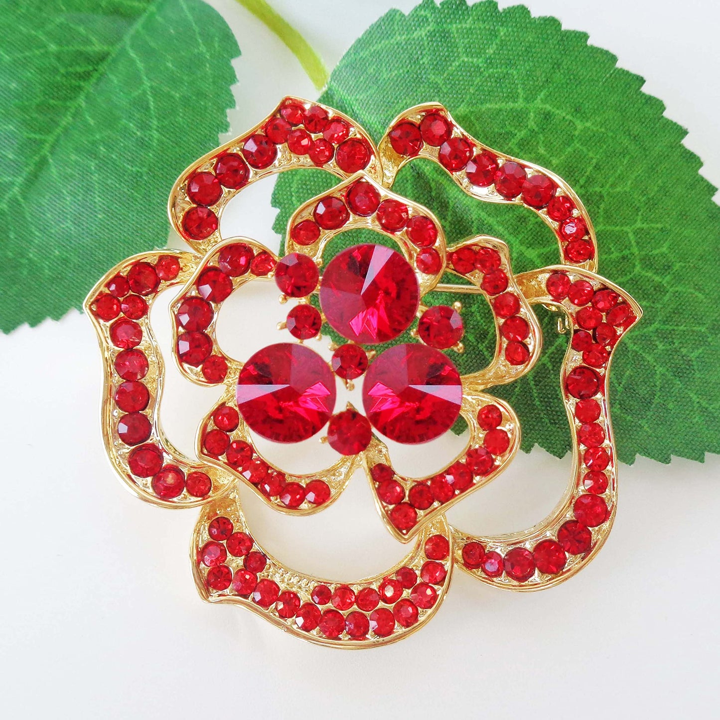 Navachi 18k Gold Plated Red Crystal Blooming Rose Flower Az7436b Brooch pins