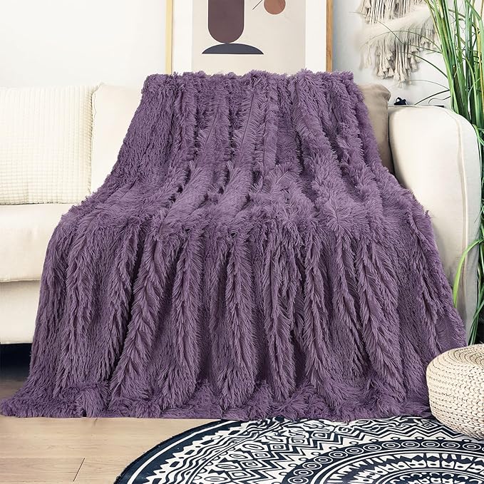 Tuddrom Decorative Extra Soft Faux Fur Blanket Queen Size 80"x90",Solid Reversible Fuzzy Fluffy Plush Fleece Comfy Microfiber Fur Blanket for Couch Sofa Bed,Patrican Purple