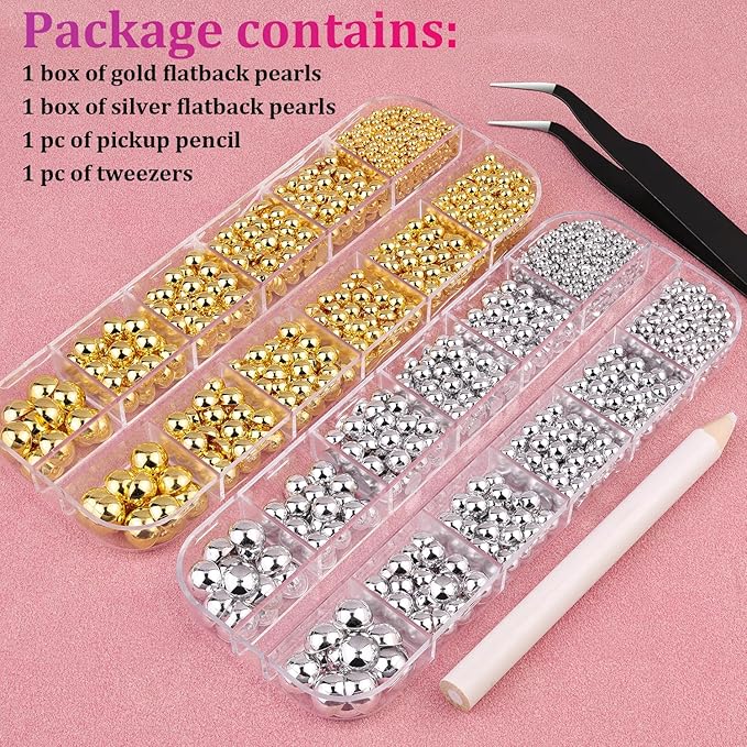 Belleboost Flat Back Pearls Kits, 2 Boxes Flatback Half Round Silver Gold Pearls for Bedazzling with Pickup Pencil and Tweezers for Crafting Home DIY and Professional Nail Art, Face Makeup and Craft