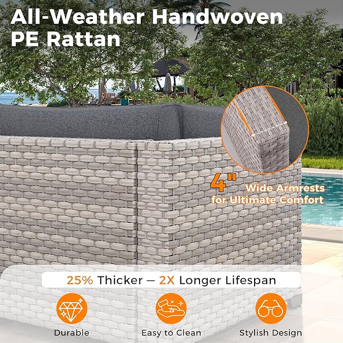 8-Seat Outdoor Wicker Patio Furniture Set with Fire Pit Table, Modular Rattan Sectional Sofa & 2 Swivel Rocking Chairs, 4" Thick Cushions, Rust-Resistant Frame,Black