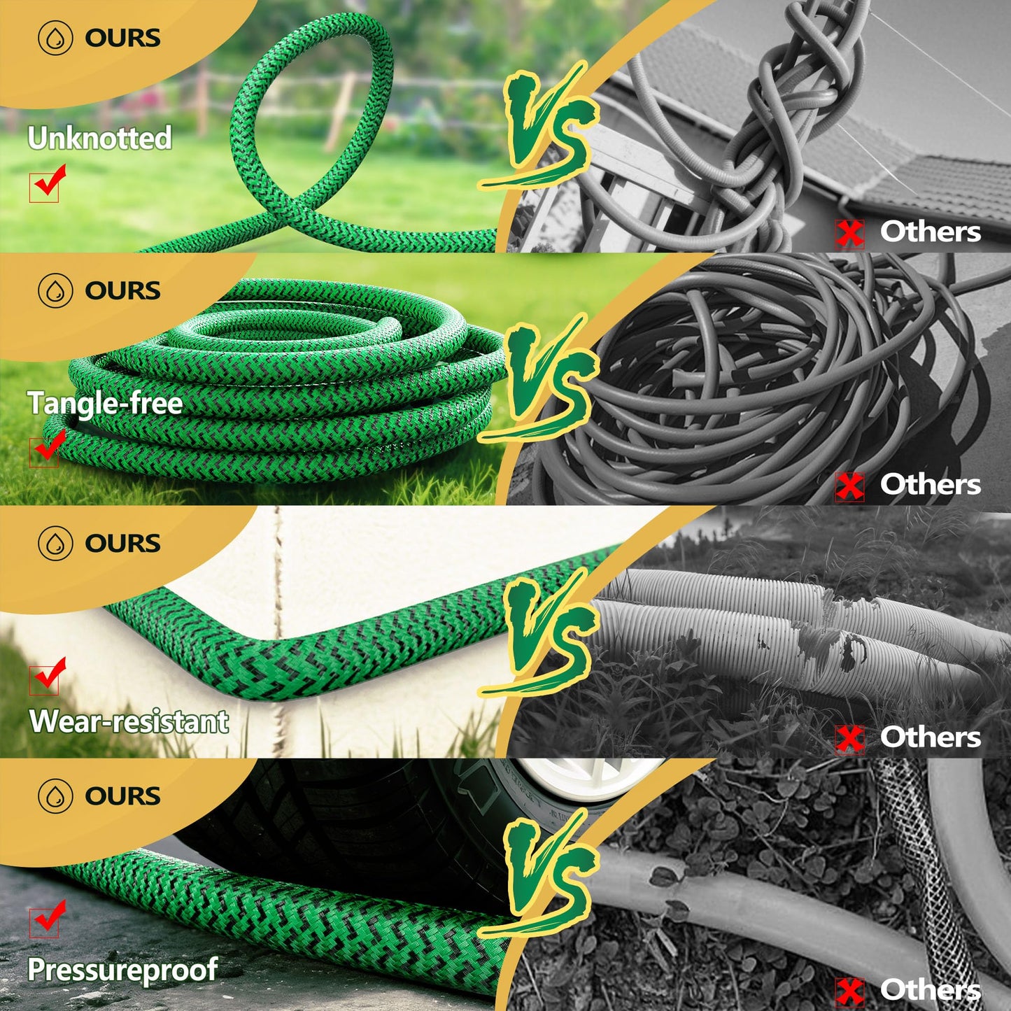 Non-Expanding Garden Hose 100ft, Flexible Weather-resistance Water Hose with 3/4" Solid Leakproof Connector, Knot-free & Anti-cracking & Durable Garden Hoses for Outdoor Watering Cleaning