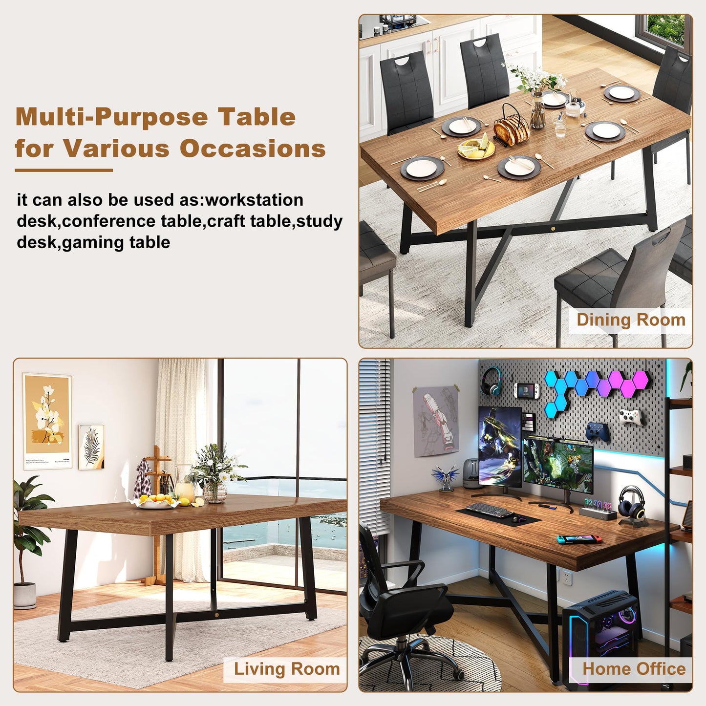 71" Farmhouse Dining Table for 4,6,8 People,Wooden Rustic Kitchen Table W/Thickness Waterproof Wood Tabletop,Rectangular Long Brown Dinner Table for Home Office,Dining Room,Living Room Furniture